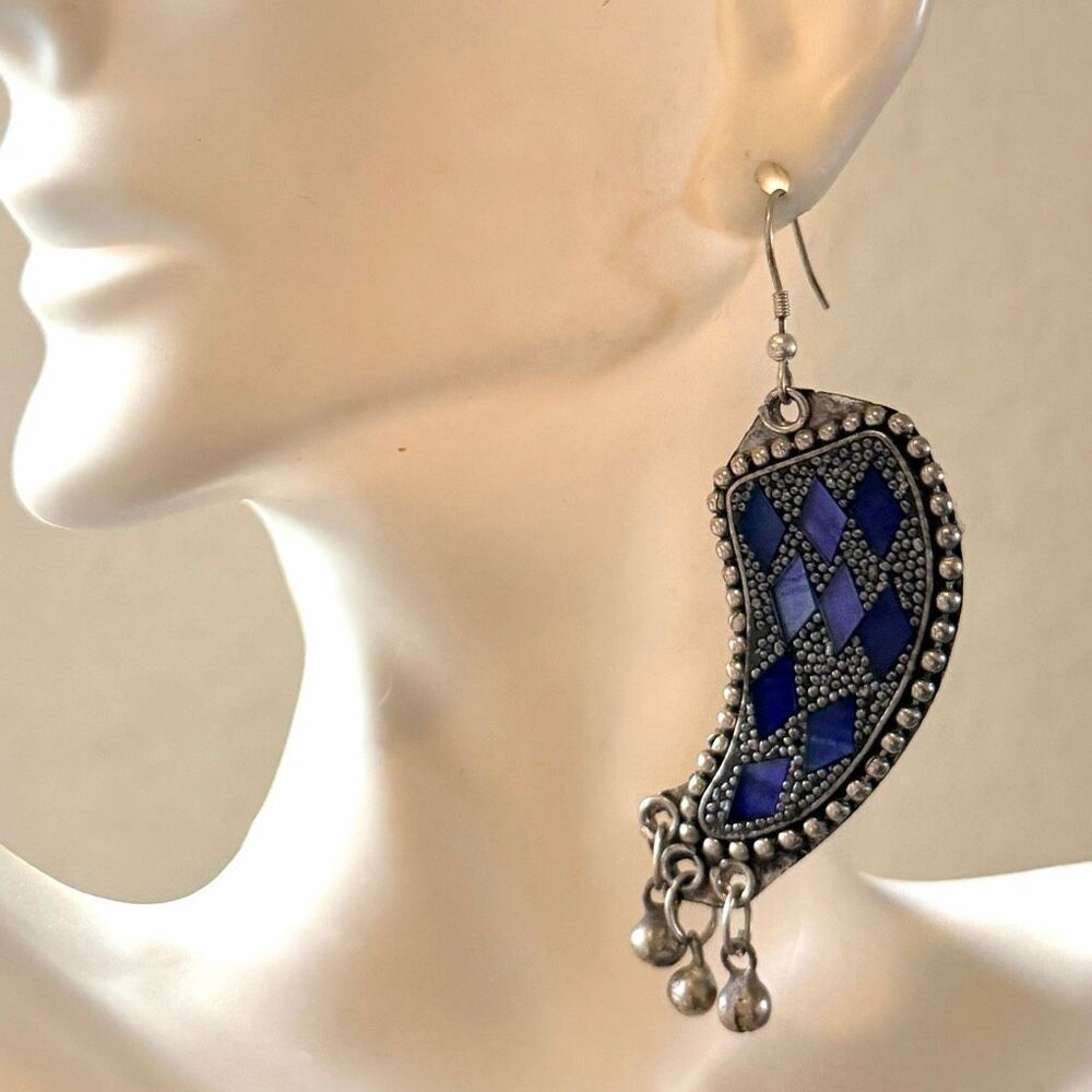 Vintage Blue Inlay Statement Dangle Earrings - image 4